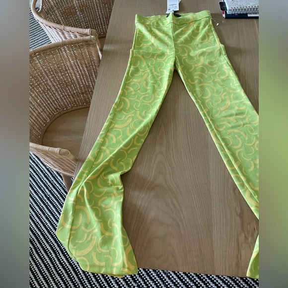 Zara| Neon Green Marbled 70’s Style Wide Leg Pull On Pants, Flare w Slit•••NWT - Picture 8 of 16